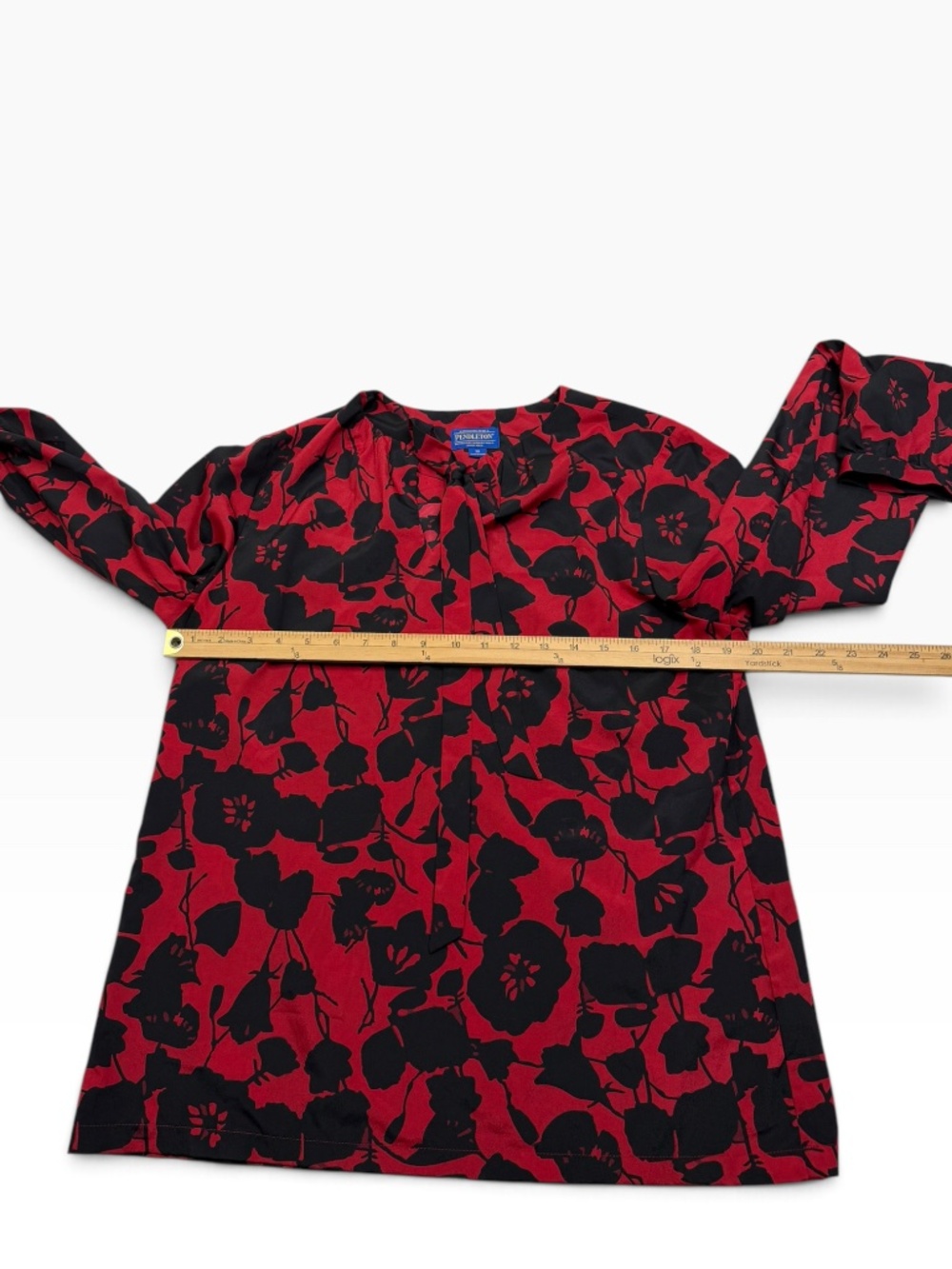Pendleton Women's Floral Tie Neck Blouse Size 10 Red Black Long Sleeve Top - Picture 13 of 13